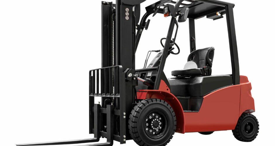Red forklift isolated on white background with clipping path